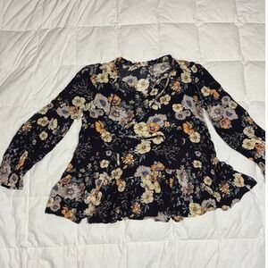 Rethm Womens Floral Peplum Blouse Black Long Sleeve Tie Neck Top Size Medium